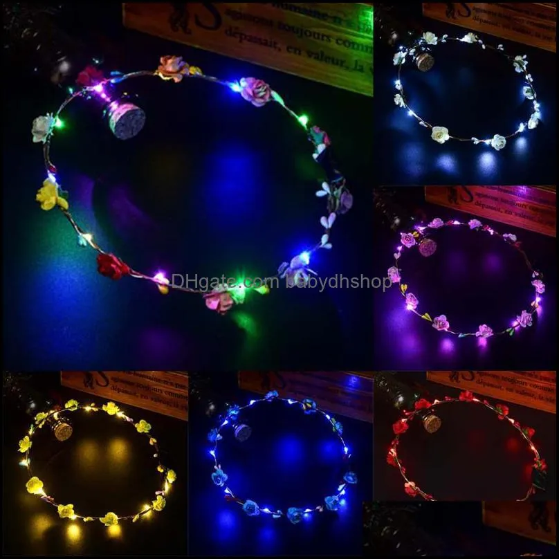 20pcs/ hot colorful christmas party glowing wreath halloween crown flower headband women girls led light up hair wreath hairband