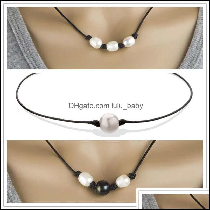 pearl single cultured freshwater pearls necklace choker for women genuine leather jewelry handmade, black, 14 inches