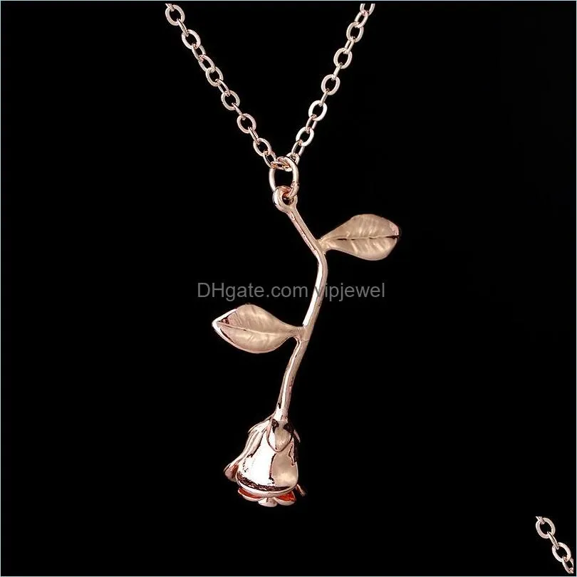 rose pendant necklace jewelry sterling silver retro 3d leaf valentine`s day women`s birthday vintage