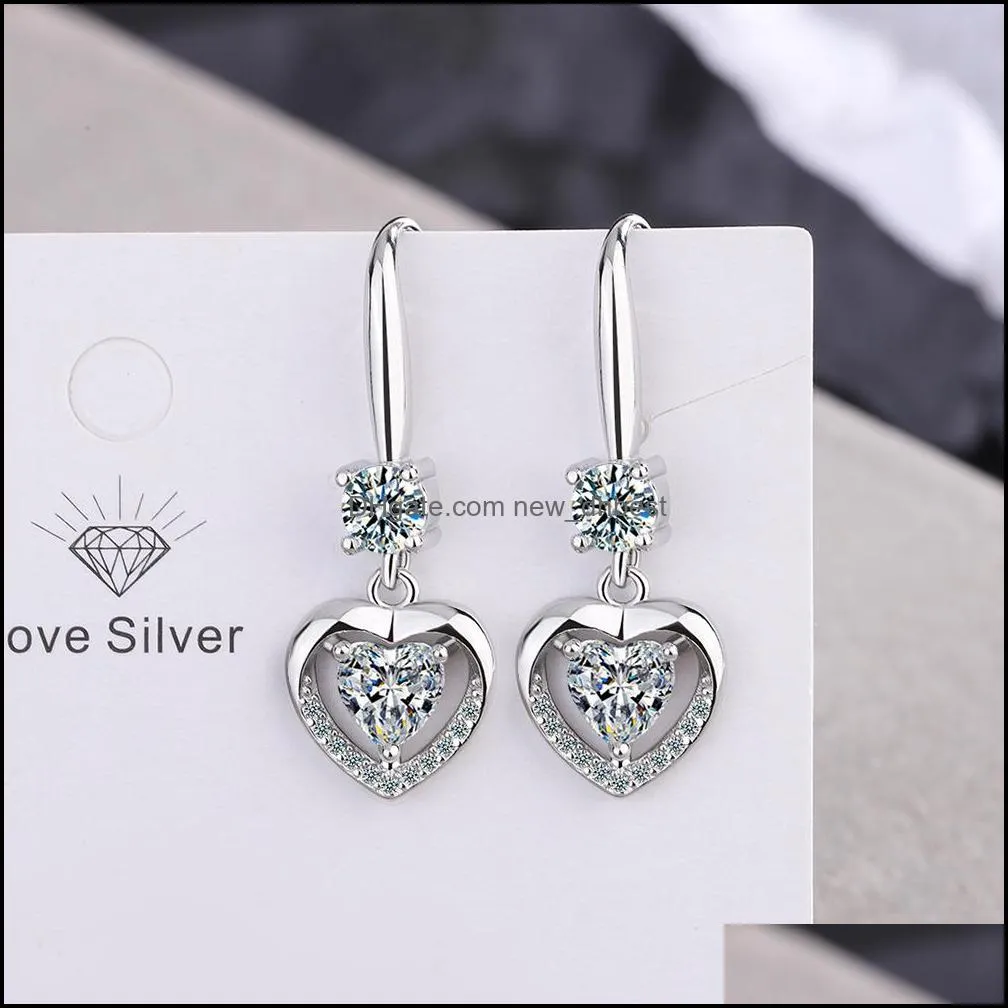 s925 stamp silver plated crystal waterdrop heart charms pink blue white zircon earrings tassel hook women`s fashion jewelry earrings wedding party