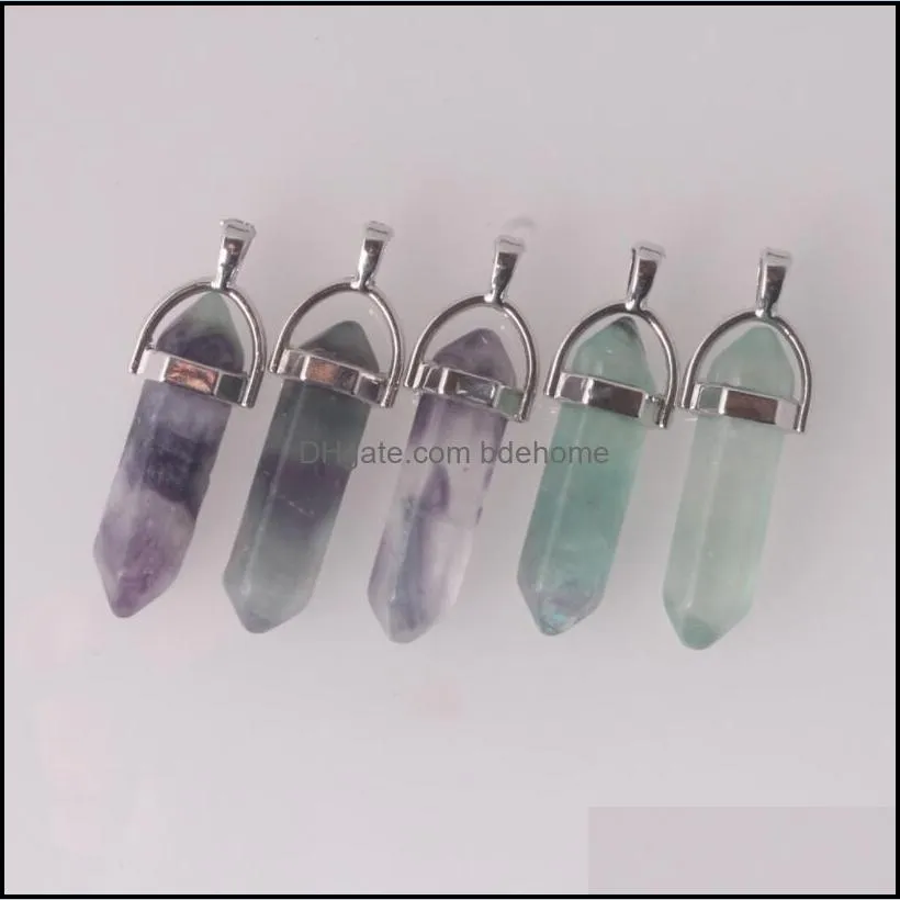 fluorite pendulum hexagon prism crystal natural stone pendant bullet quartz charms women men necklace finding jewelry