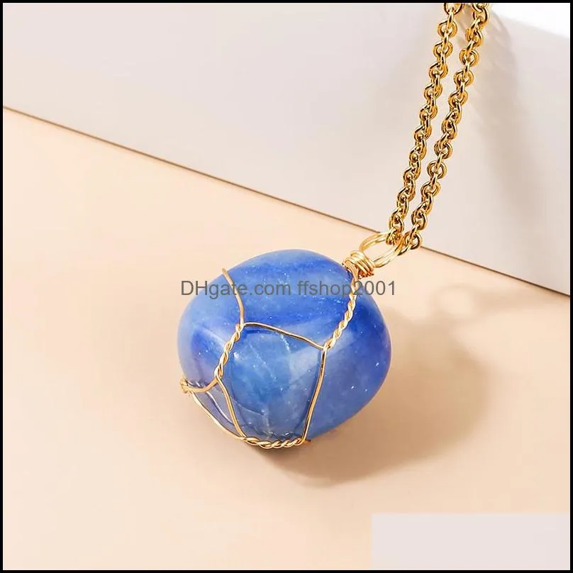 irregular round natural stone pendant necklace amethyst lapis rose quartz crystal gold wrap wire necklaces healing for women men