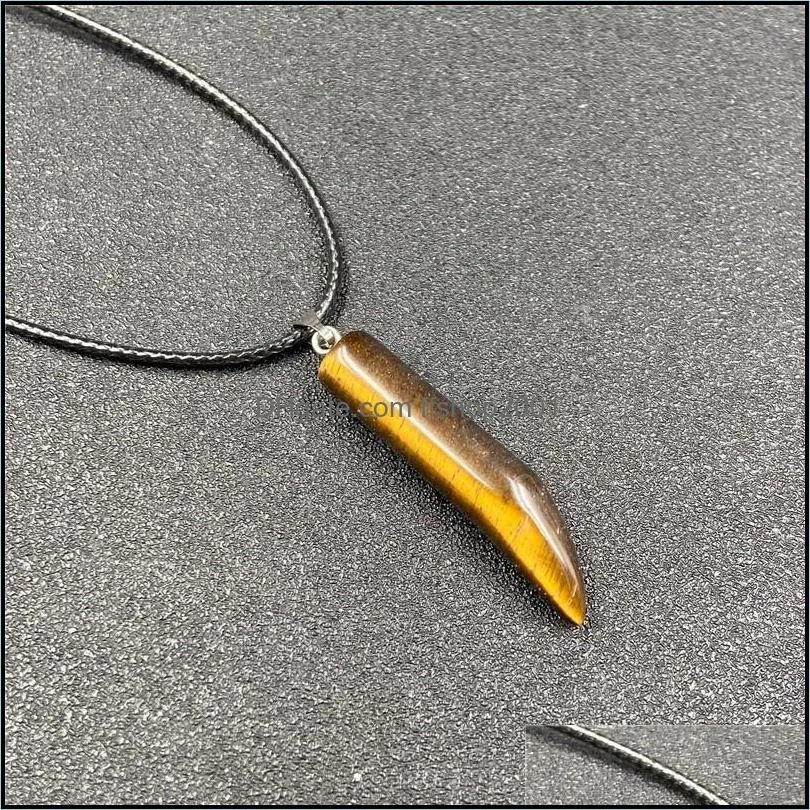 fashion ox horn shape chakra natural stones pendant necklace reiki healing crystal charms for men women jewelry black rope chain