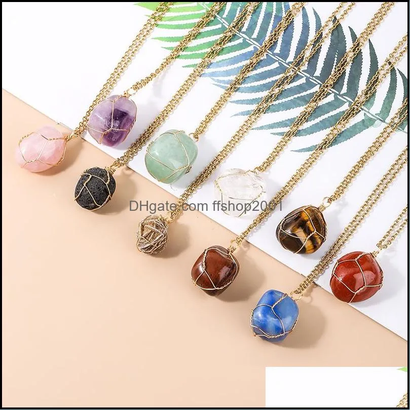 irregular round natural stone pendant necklace amethyst lapis rose quartz crystal gold wrap wire necklaces healing for women men