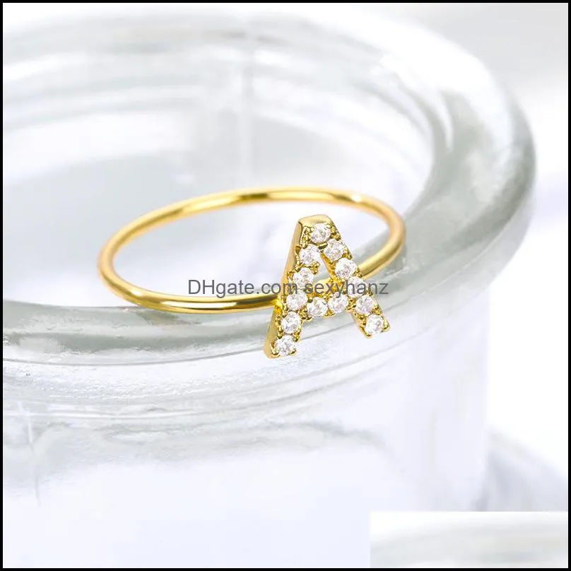 tiny rhinestone initial letter zircon ring gold stainless steel 26 a-z couple rings for women men fashion adjustable jewelry friendship