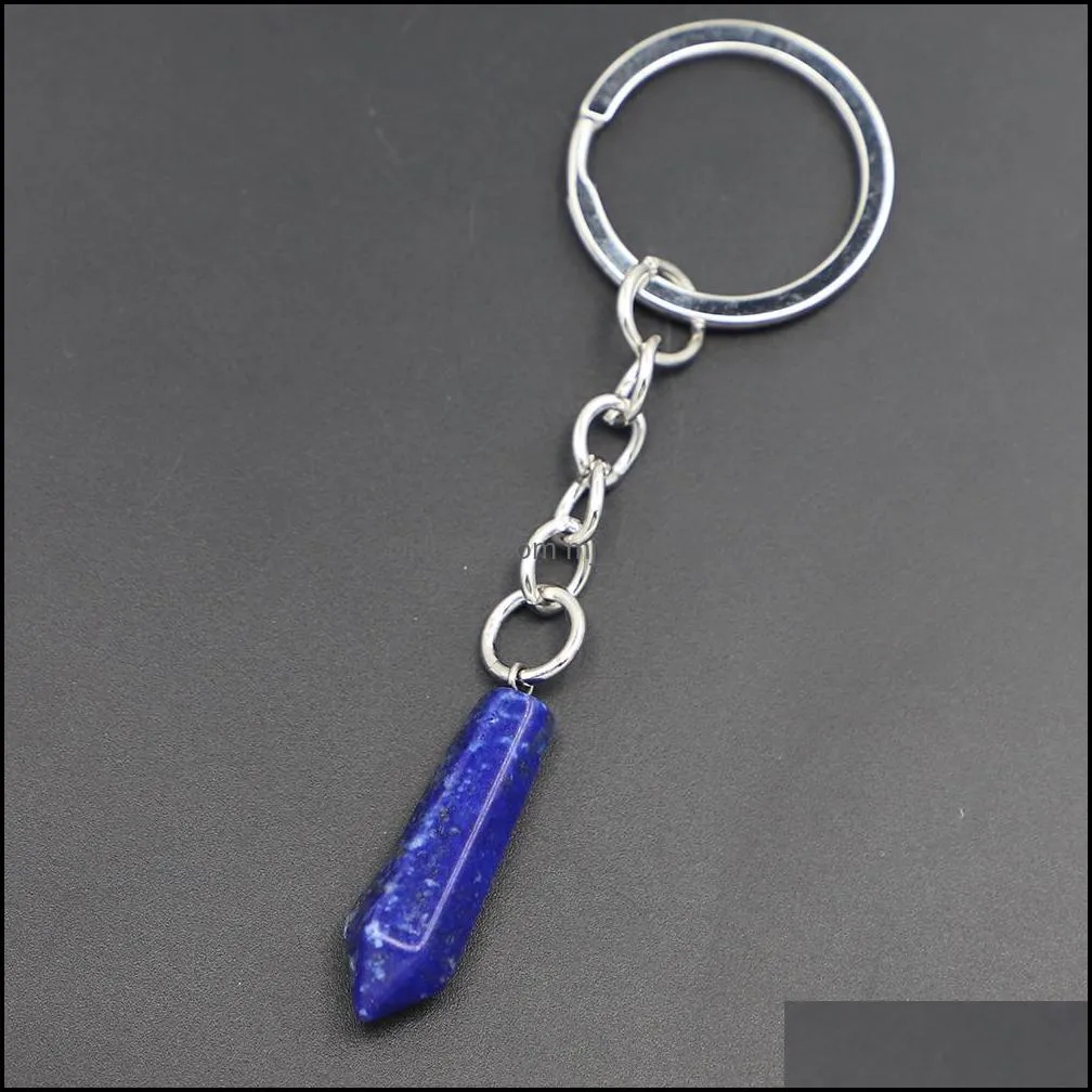 natural stone hexagonal column keychain water drop agate shape columnar pendants key rings on bag car jewelry party friends gift