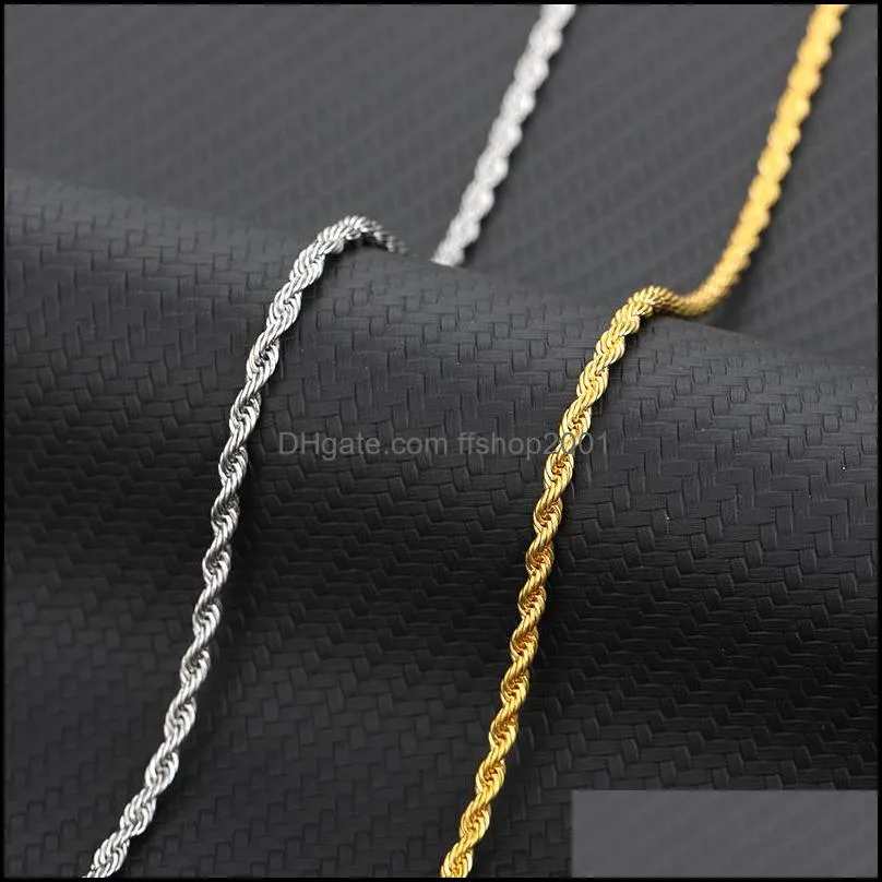 hip hop 18k gold plated stainless steel 3mm twisted rope chain women`s choker necklace for men hiphop jewelry gift