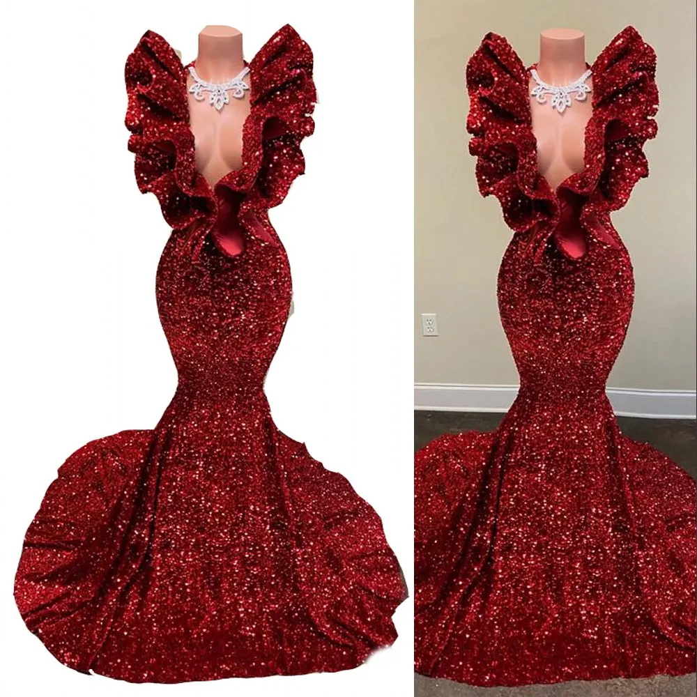 2022 Sexy Dark Red Sequins Mermaid Evening Dresses Wear Sleeveless Deep V Neck Ruffles Sequined Lace Special Occasion Prom Party Gowns Vestidos De Novia