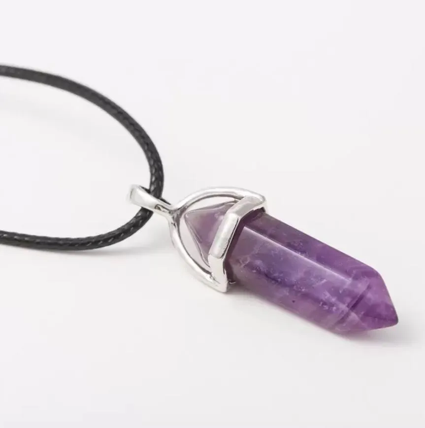 real raw gem pink purple crystal hexagonal bullet pendant reiki point chakra natural stone pendants necklace women jewelry