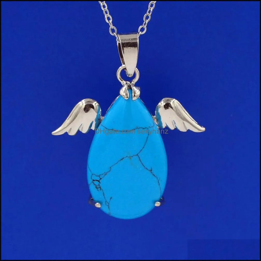 crystal angel wings water drop pendant fashion silver plated long chain necklace jewelry retro unisex turquoise