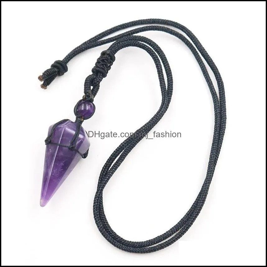 healing hexagonal pyramid stone amethyst pink crystal quartz opal pendant necklace rope chains for men women fashion jewelry