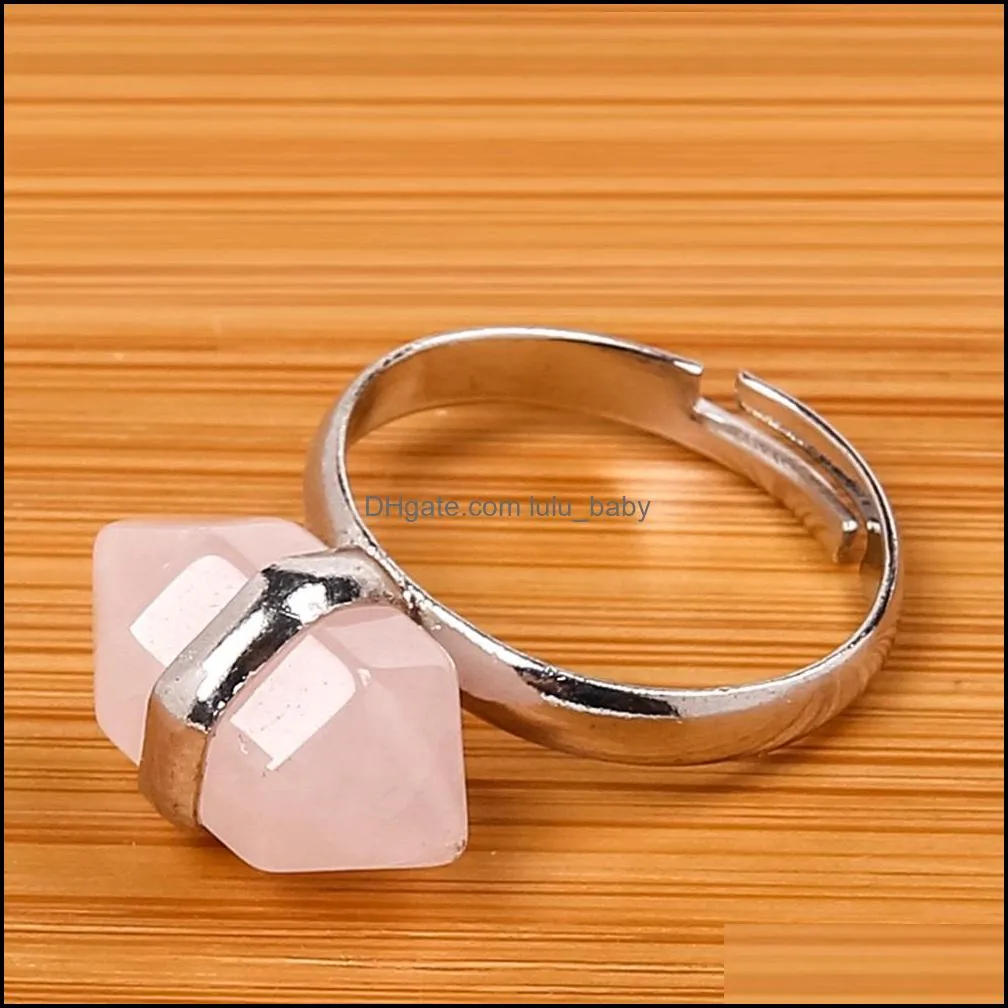 hexagonal prism rings gemstone crystal quartz healing point chakra stone charms opening rings for women men