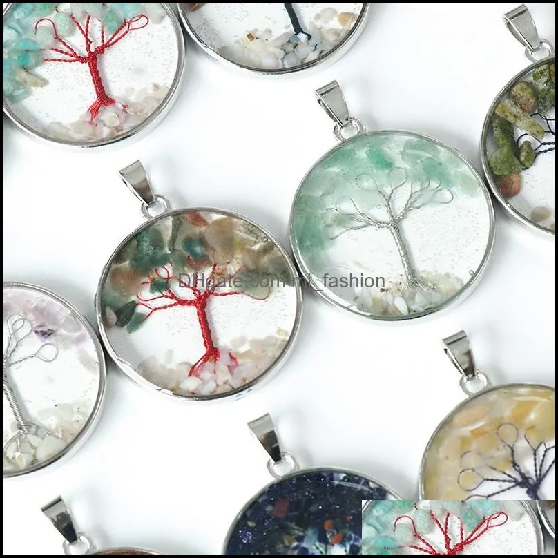 tree of life pattern reiki healing crystal pendant energy round edged broken stone quartz rope necklaces fashion women men jewelry