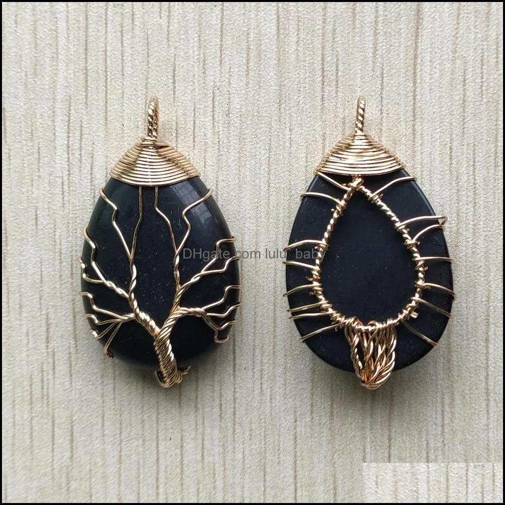 gold color wire wrap handmade tree of life charms drop shape natural obsidian stone pendants diy necklace jewelry making