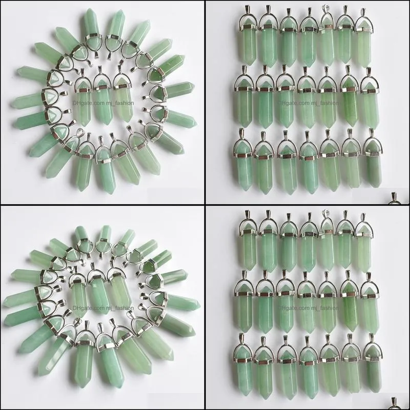 natural stone green aventurine hexagonal pillar charms quartz stone chakra handmade silver color pendants for jewelry making wholesale