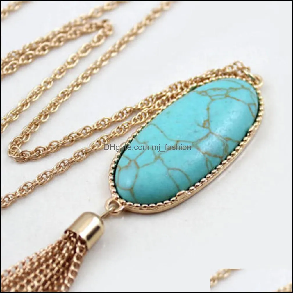 fashion oval abalone shell druzy stone necklace long tassel metal chain pednant necklace sweater necklaces party jewelry