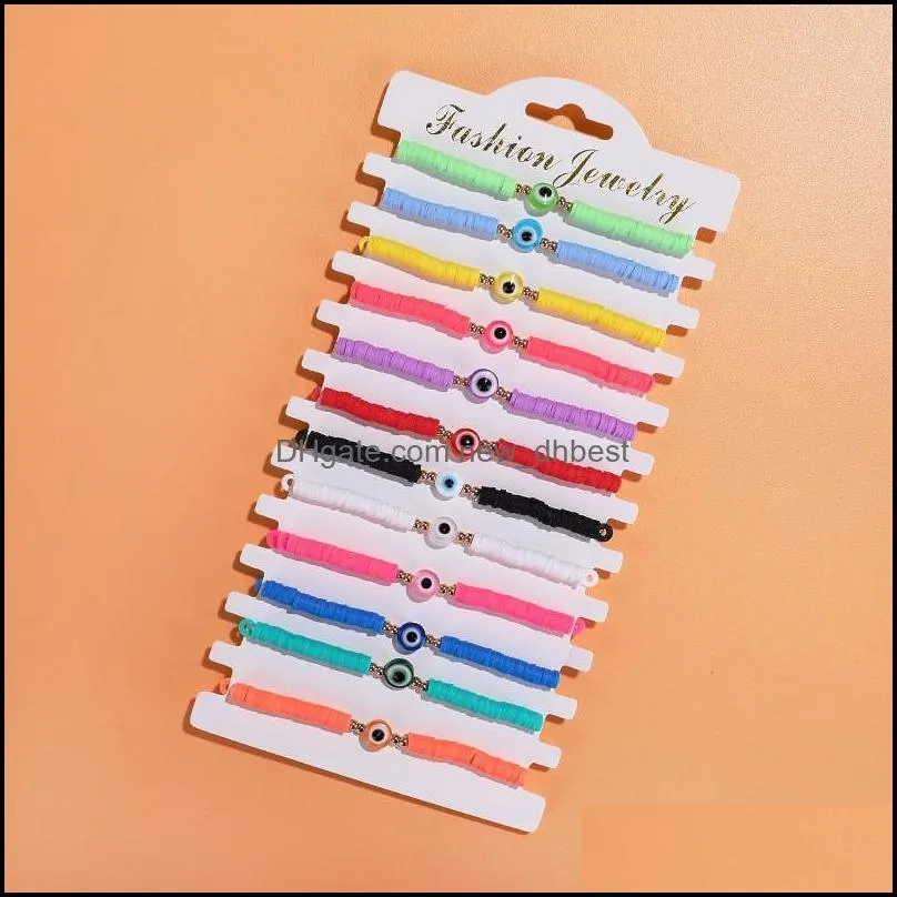 multicolor evil eye bracelet set summer beach jewelry soft polymer clay disc elastic bracelets for women