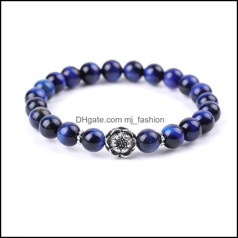 men blue tiger eye stone bracelet buddha lotus charms handmade 8mm balck beads bracelets summer women jewelry gift