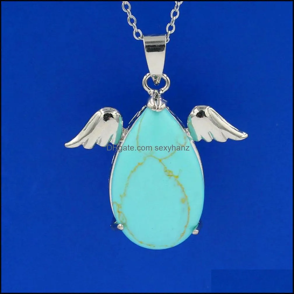 crystal angel wings water drop pendant fashion silver plated long chain necklace jewelry retro unisex turquoise