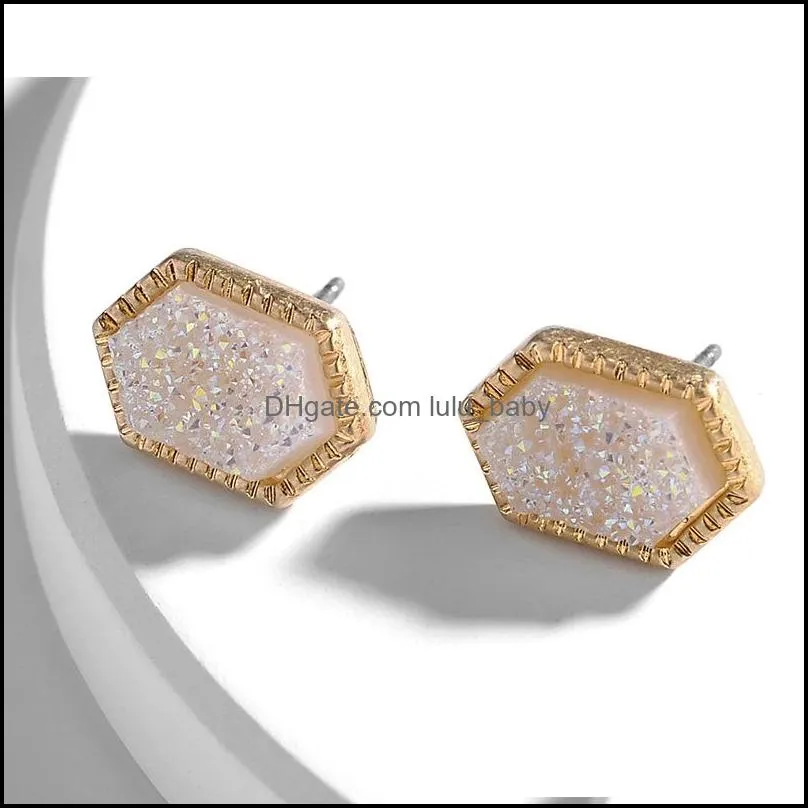 designer oval druzy drusy earrings gold plated hexagon geometry resin stud earrings for women girl gift