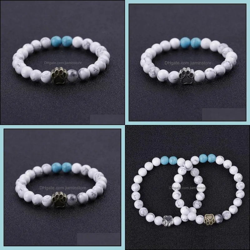 dog paw 8mm stone beads charms bracelet women men bangle beaded hand strings