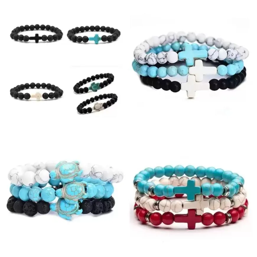 trendy 8mm black lava stone turquoise bead sea turtle cross bracelet some  oil diffuser bracelet for women men jewelry