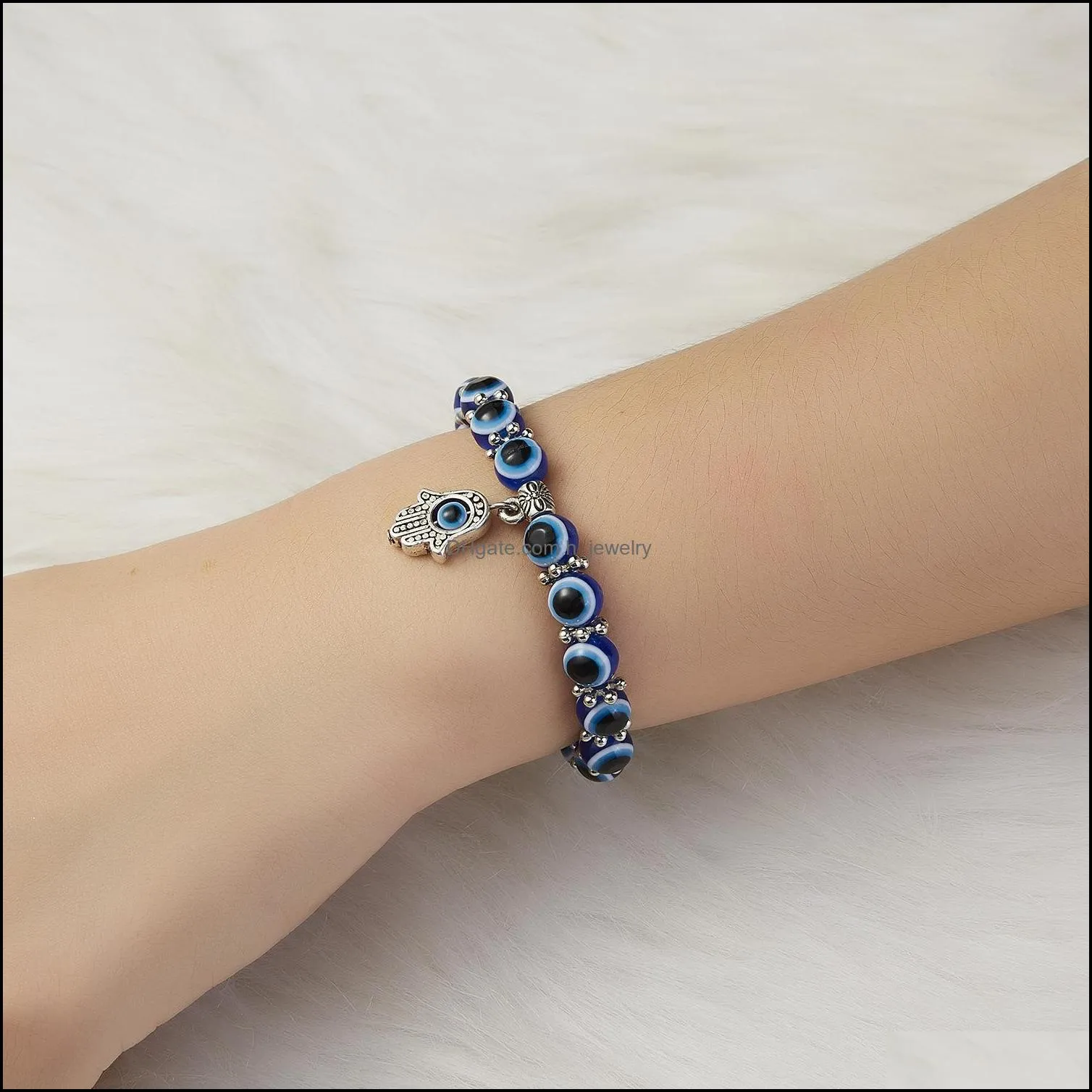 turkish blue evil eye bracelet palm charms resin round lucky bead wishing elastic cord chain bracelet ladies charm jewelry