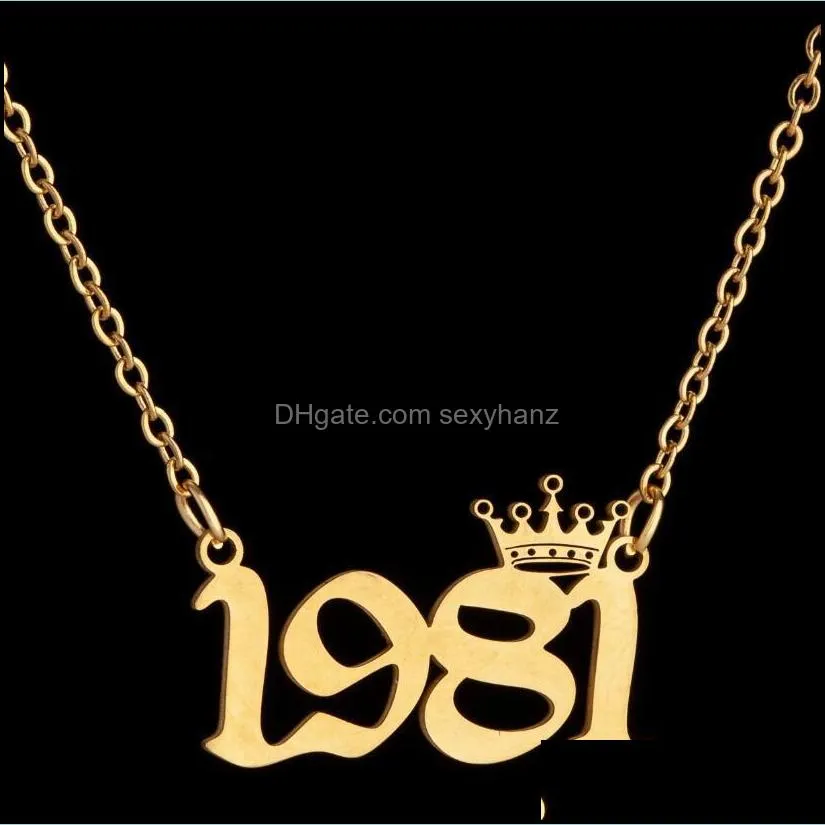 stainless steel personalized birth year number necklaces custom crown initial necklace pendants for women girls birthday jewelry special years