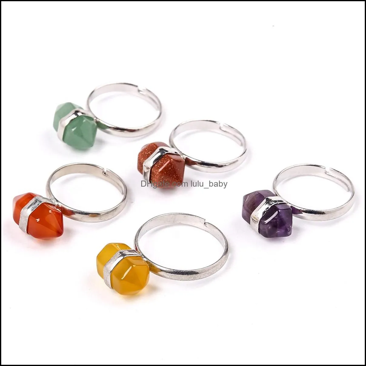 hexagonal prism rings gemstone crystal quartz healing point chakra stone charms opening rings for women men