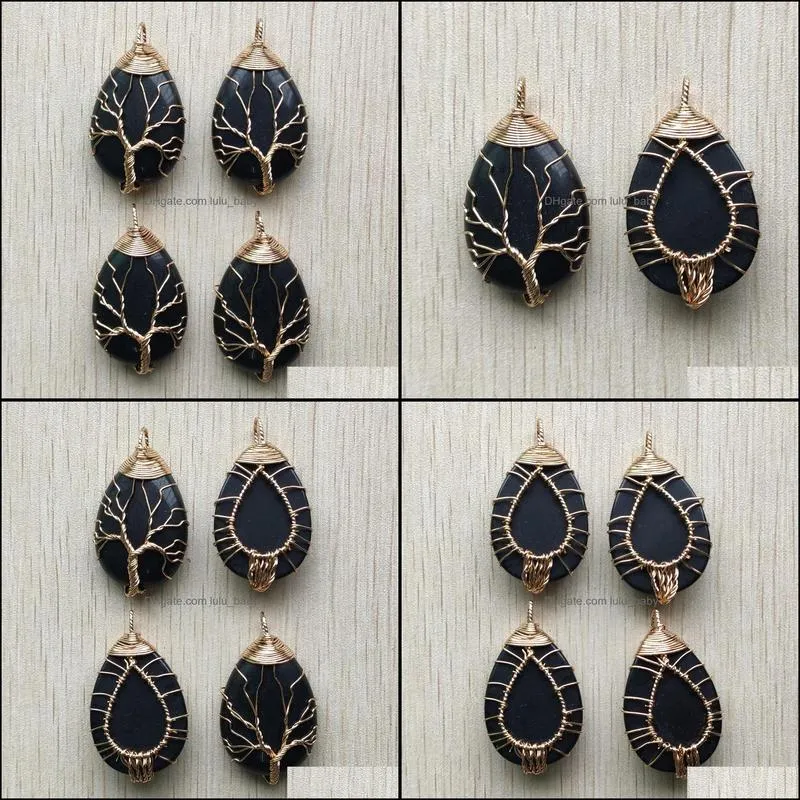 gold color wire wrap handmade tree of life charms drop shape natural obsidian stone pendants diy necklace jewelry making