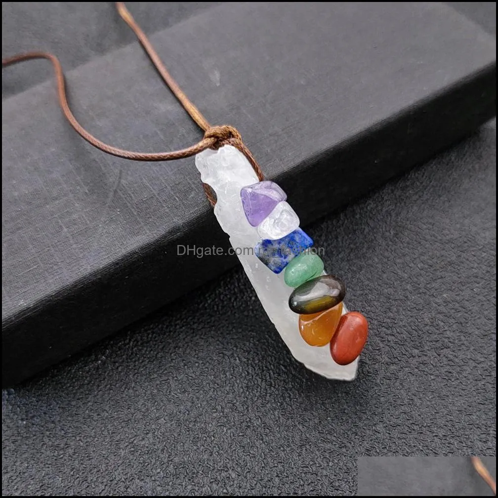 irregular seven chakras hexagon prism pendant natural healing raw white crystal necklace for women gift jewelry