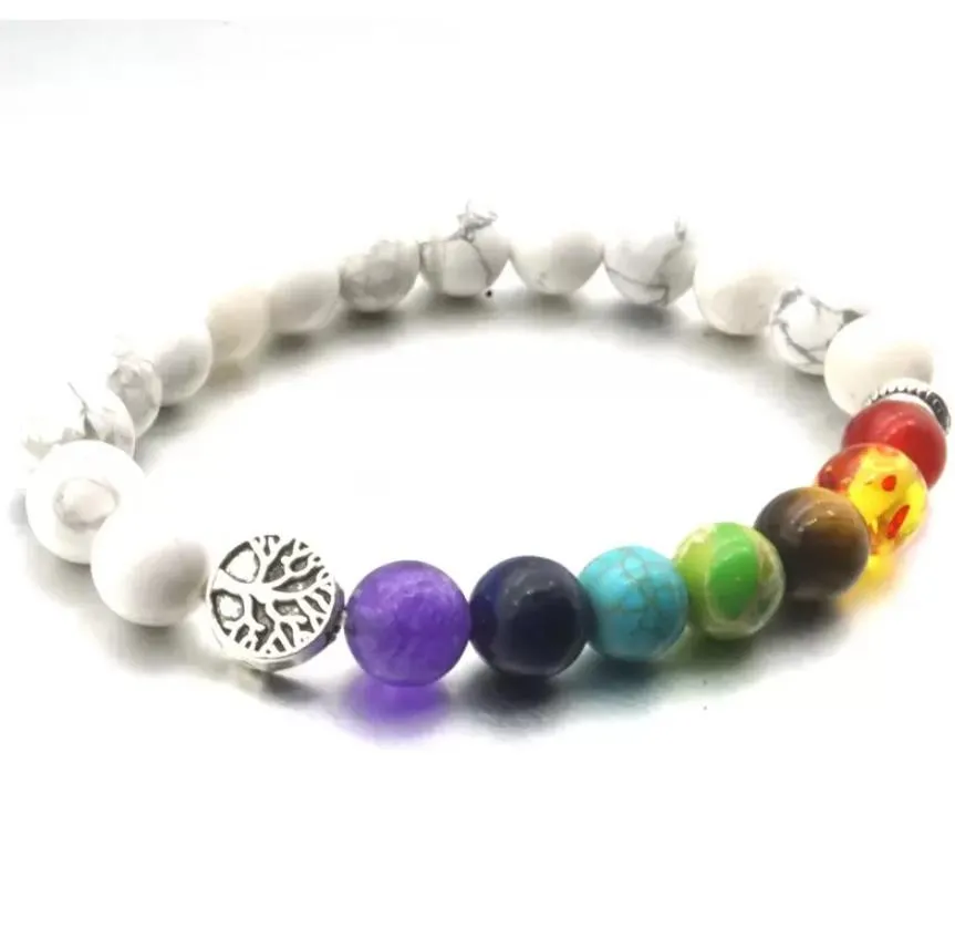 tree of life 8mm seven chakras bracelets white turquoise stone beads charms elastic bracelet pray beaded hand strings jewelry