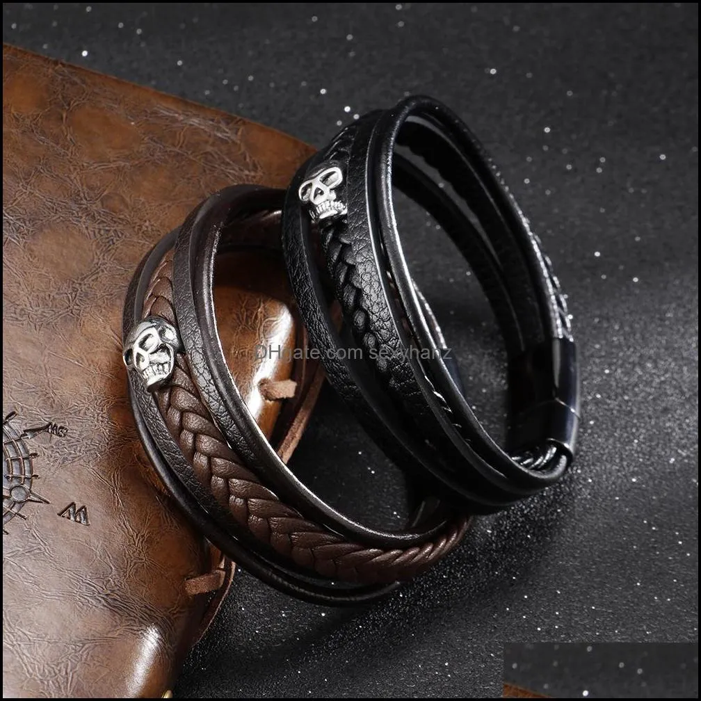 skull leather bracelet for men women skelton link chain genuine rope wristband bangle with stainless steel gothic punk jewelry magnetic