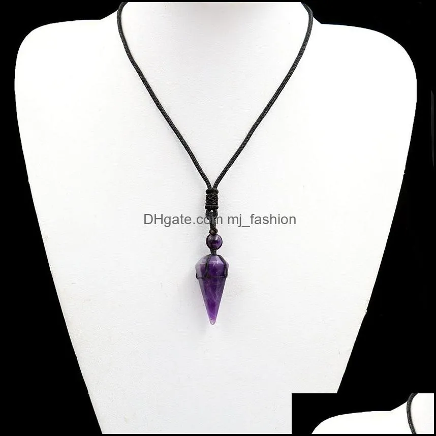 healing hexagonal pyramid stone amethyst pink crystal quartz opal pendant necklace rope chains for men women fashion jewelry