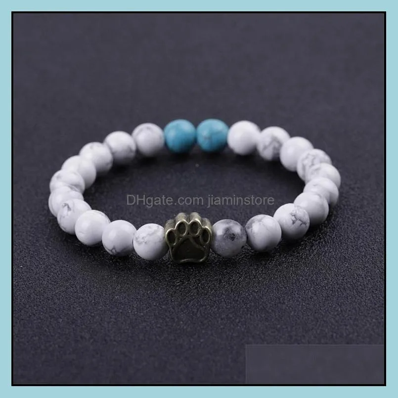 dog paw 8mm stone beads charms bracelet women men bangle beaded hand strings