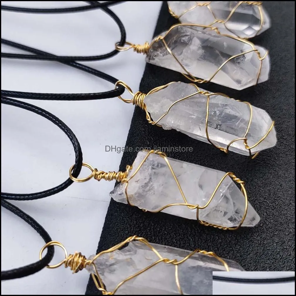 wire wrap white pillar reiki healing crystal pendant irregular energy stone quartz rope chain necklaces fashion women men jewelry
