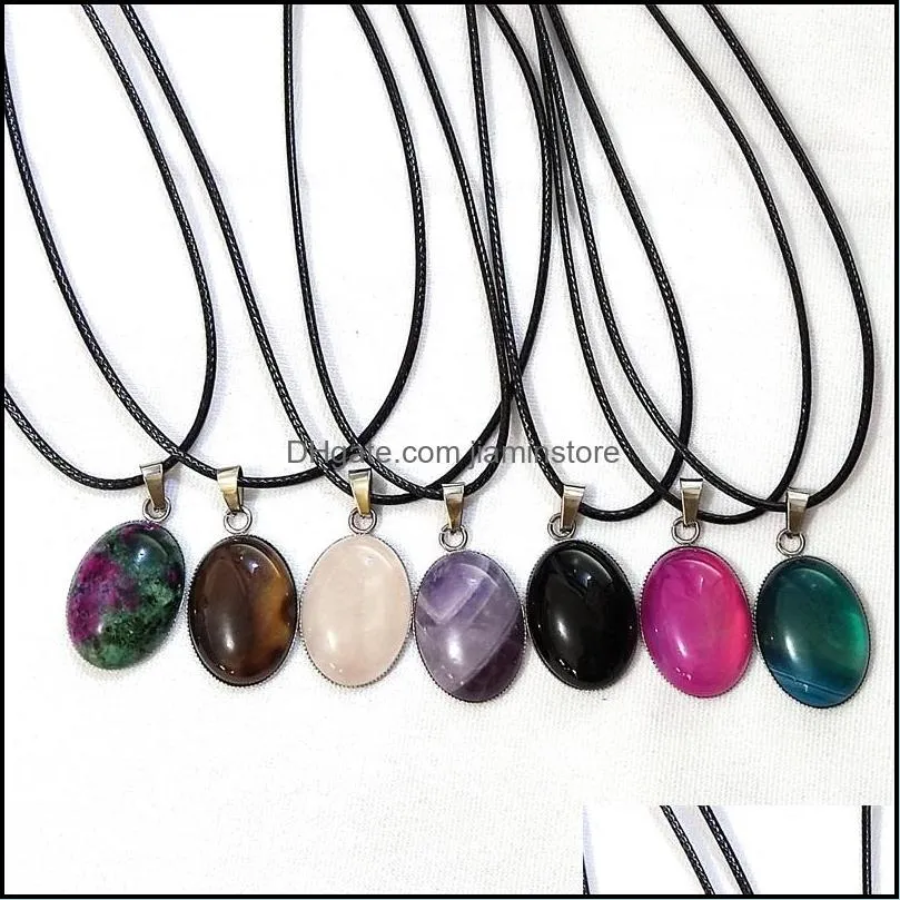 oval reiki stones turquoise pink quartz charms pendant leather necklace for women men gift accessories