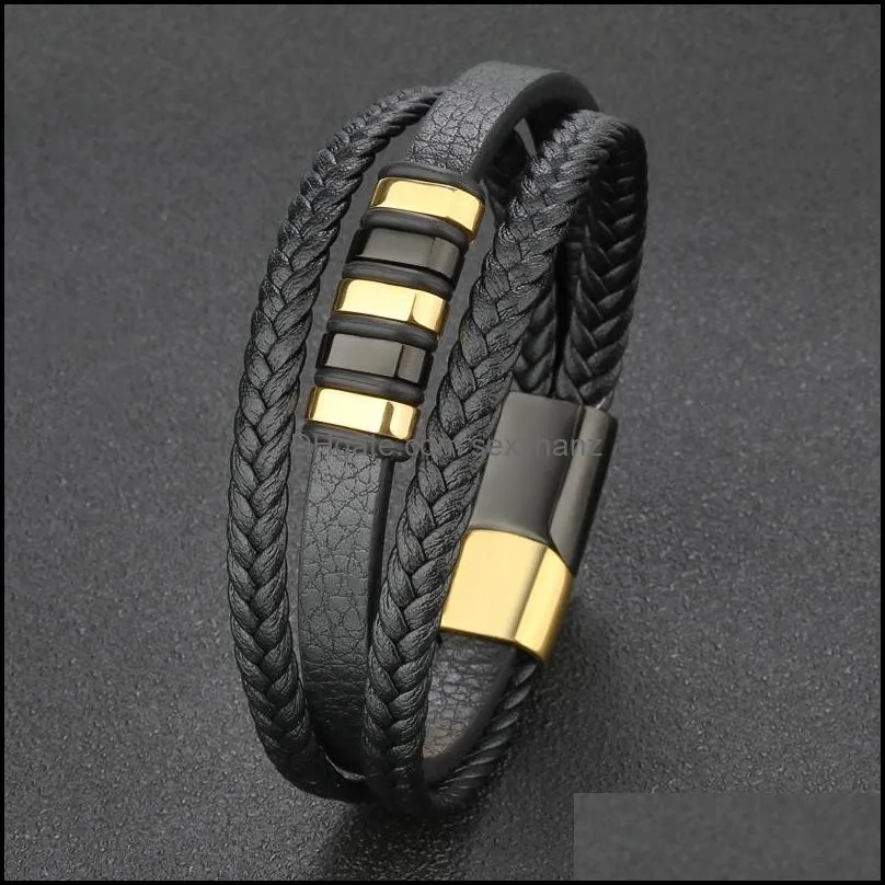 handmade multilayer braided leather bracelets for men link chain strand fashion magnetic clasp black cord vintage wrist band rope cuff bangle
