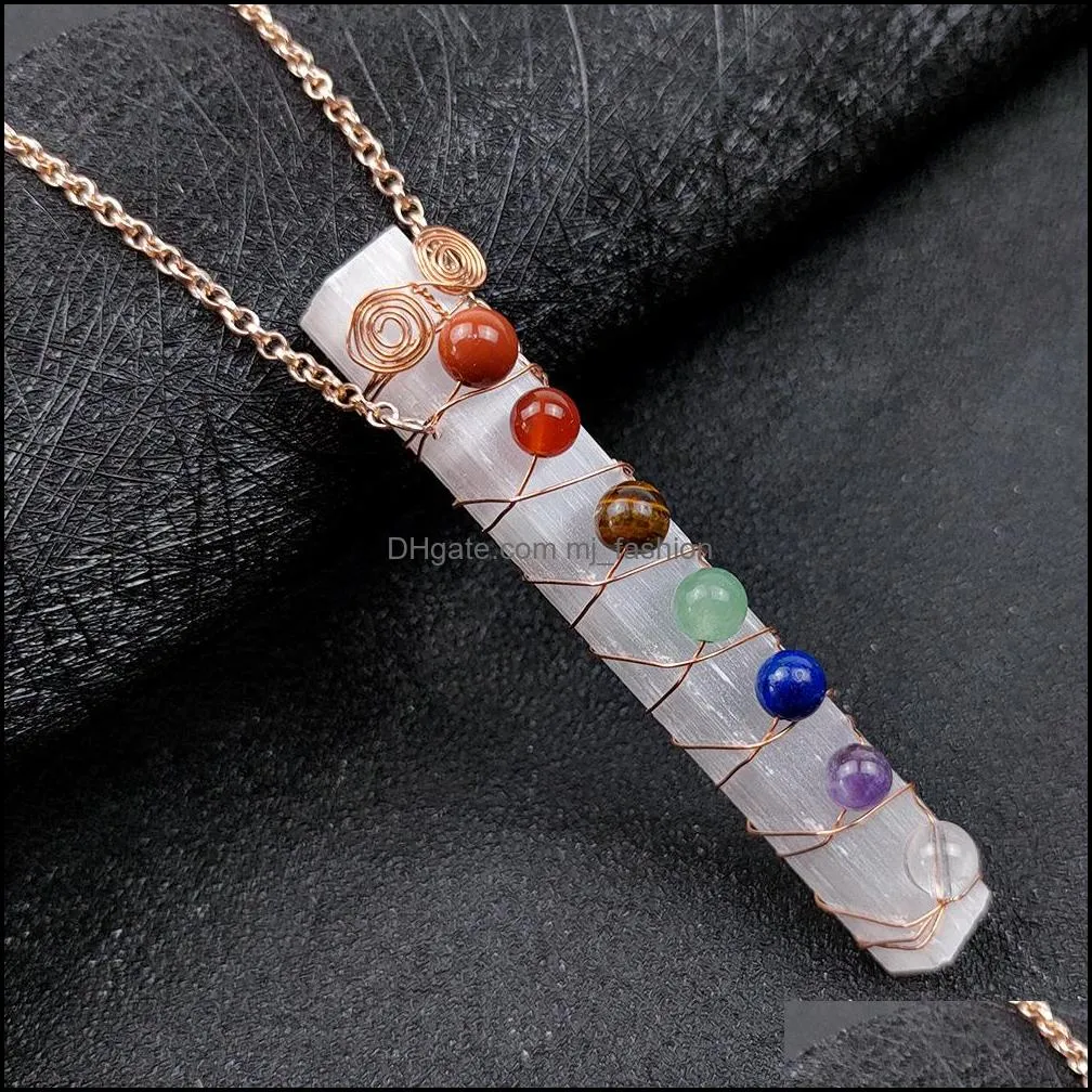 plaster pillar necklace reiki healing cystal seven chakra beads energy pendant charms necklaces pendulum amulet orgonite jewelry