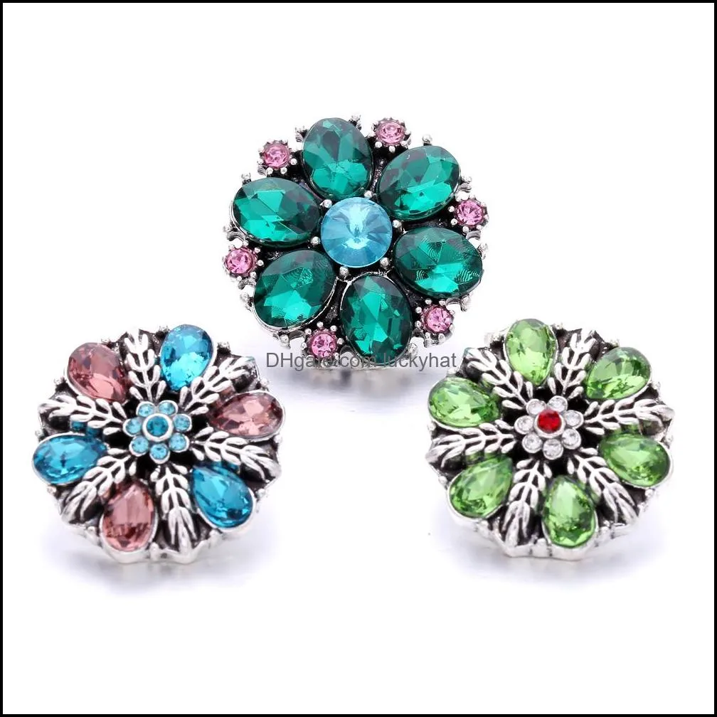 wholesale green flower rhinestone ginger snap button clasp jewelry findings women men zircon charms 18mm metal snaps buttons factory