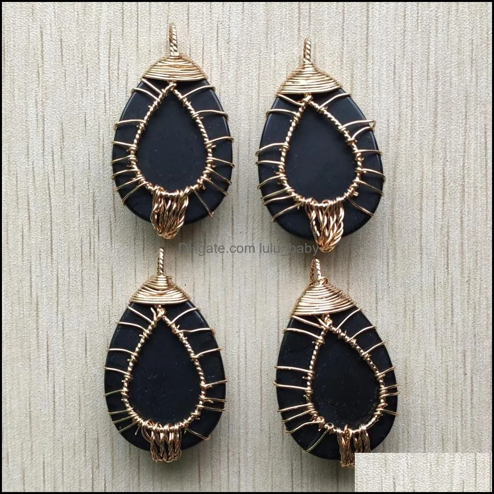 gold color wire wrap handmade tree of life charms drop shape natural obsidian stone pendants diy necklace jewelry making