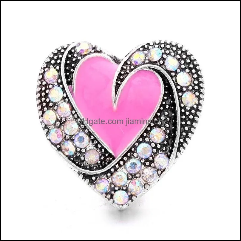 pink love rhinestone heart chunk clasp 18mm snap button zircon charms bulk for snaps diy jewelry findings suppliers gift