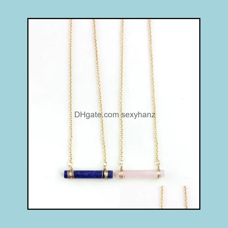 fashion pink cylinder gold color natural stone bar statement necklace for women girl brand jewelry