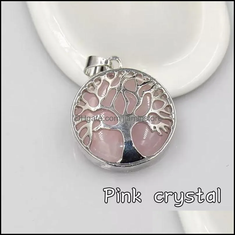 natural stone hollow tree of life pendant pink tiger`s eye healing crystal charms rose quartz for necklace jewelry making women