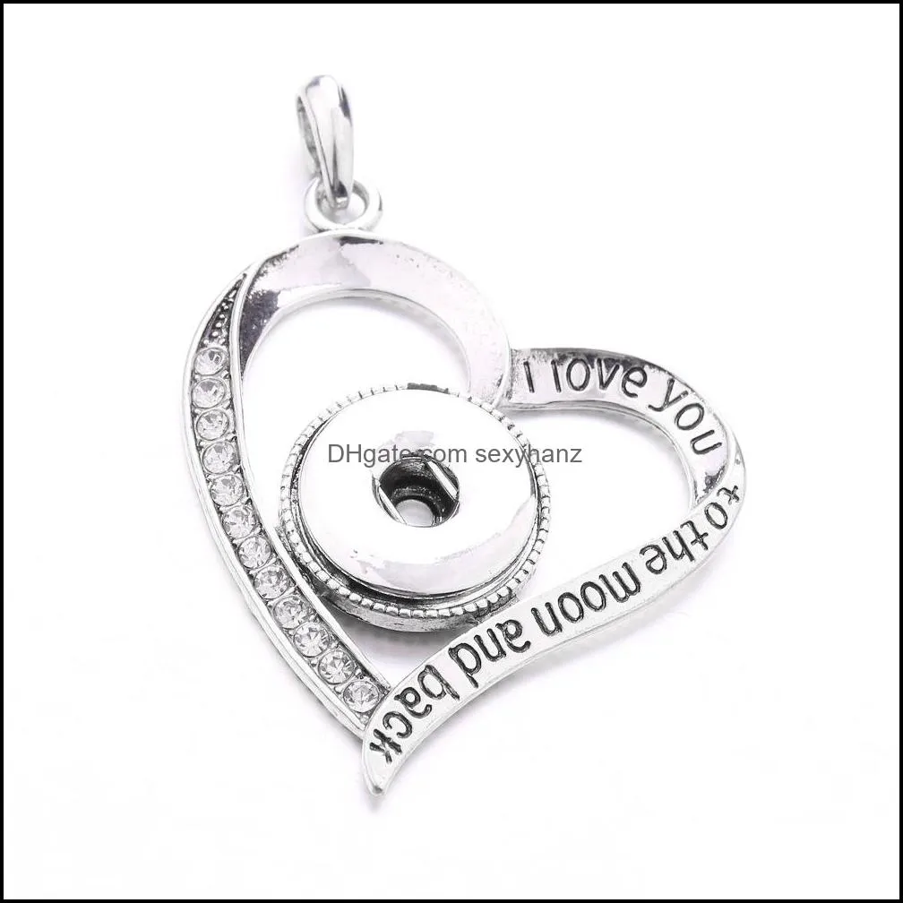 noosa snap button pendant necklace love you to the moon and back heart crystal chunks simple silver color fit 18mm snap buttons