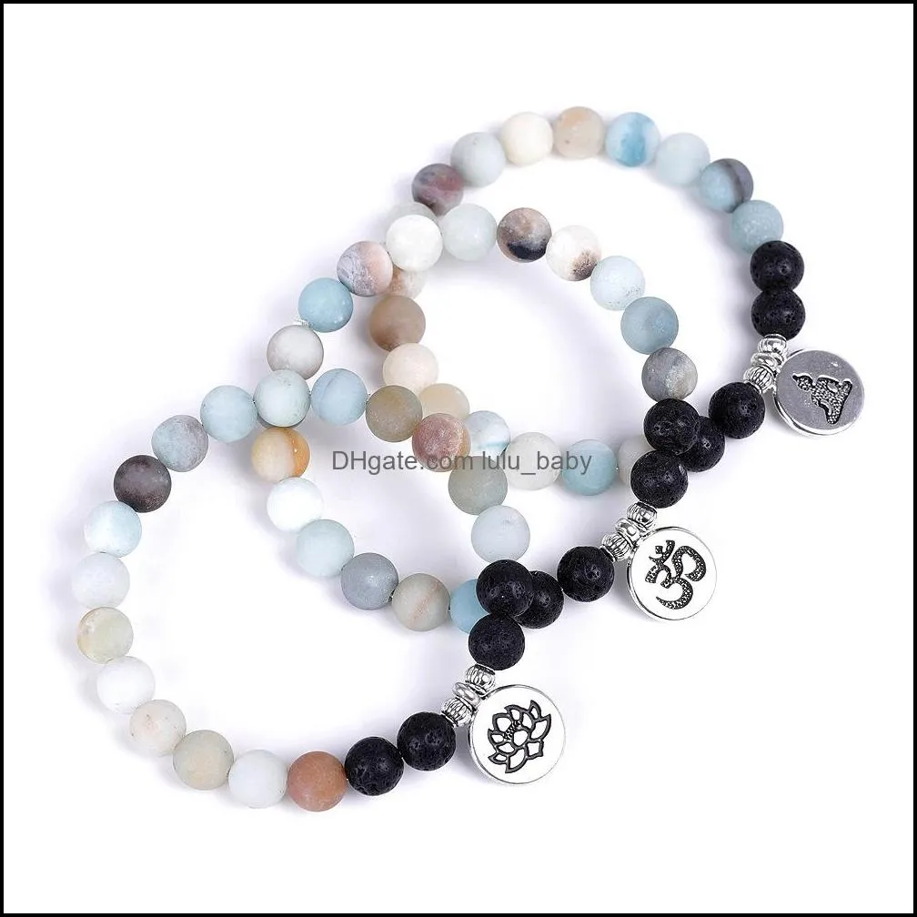 frosted amazon beads strand bracelet lava stone beaded bracelets lotus om buddha charms yoga strench women men friendships jewelry