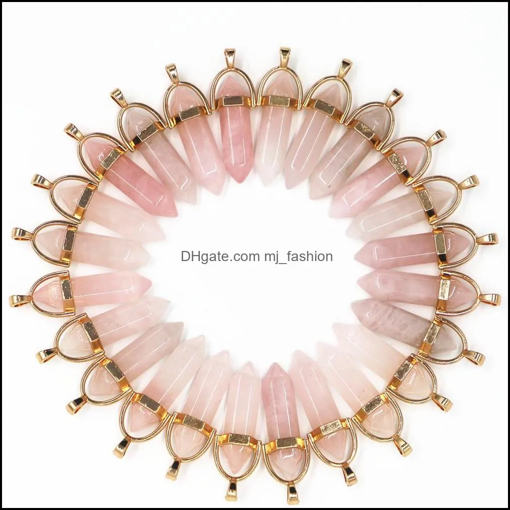 natural stone rose quartz pillar gold pendant fashion healing charms bullet pendulum necklace jewelry making wholesale