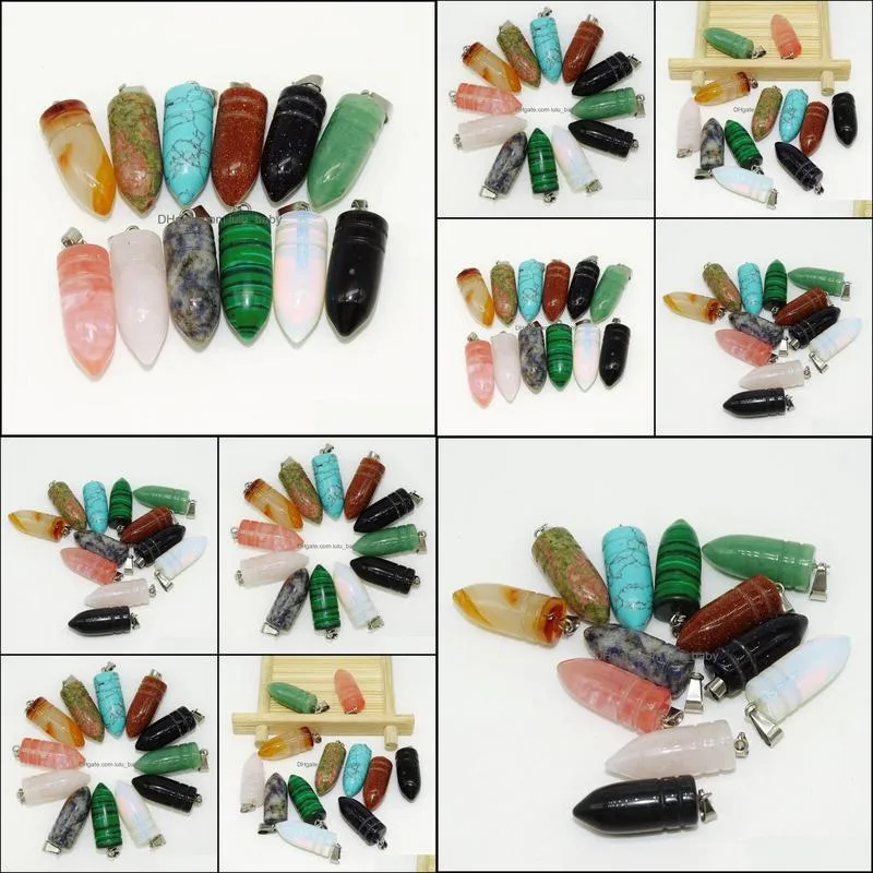 fashion mixed natural stone carved bullet shape charms pendant for necklace making jewelry 25x10mm