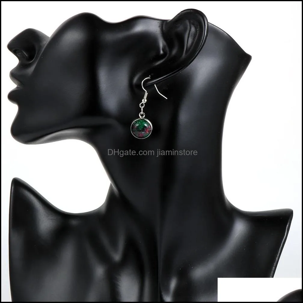 fashion natural stone charm round style pink green black crystal stainless steel dangle earrings for women jewelry