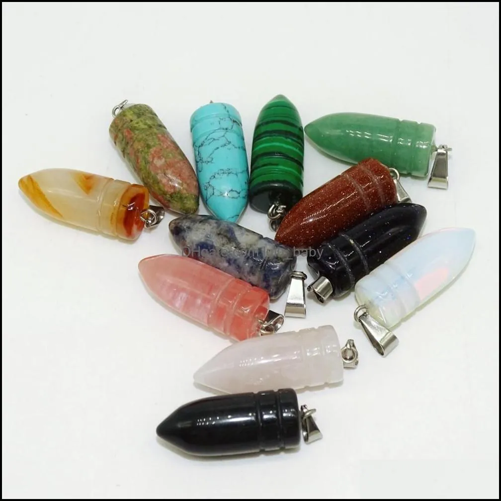 fashion mixed natural stone carved bullet shape charms pendant for necklace making jewelry 25x10mm